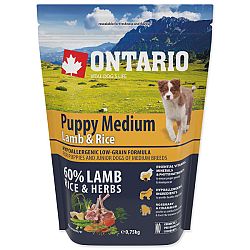 Ontario granuly Puppy Medium jahňa a ryža 0,75 kg