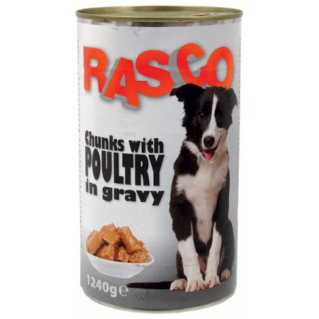 Konzerva Rasco Dog hydinove kusky v stave 1240g